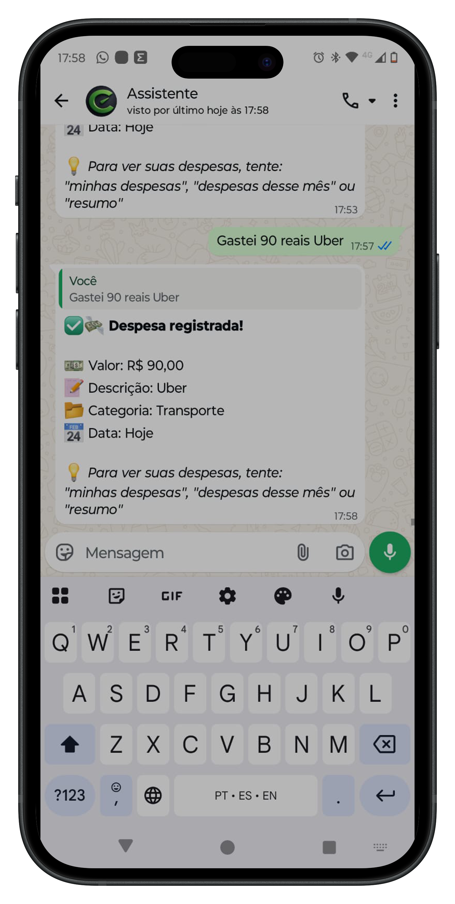 Cronos — Despesa registrada no WhatsApp